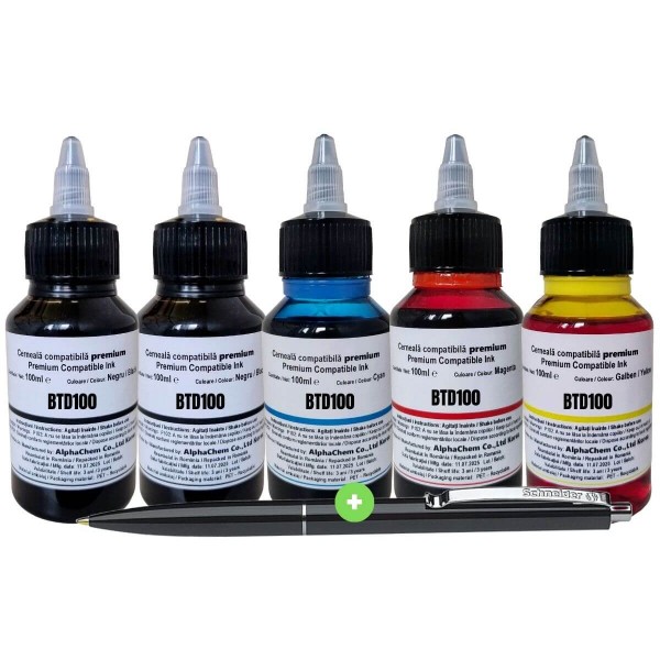 Set Cerneala Compatibil Brother BTD100 5 Flacoane x 100ml (2x Negru, 1x Cyan, 1x Magenta, 1x Galben) cu Pix Schneider