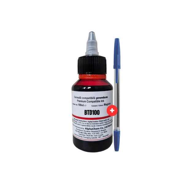 Set Flacon Cerneala Compatibil Brother BTD100 Magenta 100ml cu Picurator si Pix de Unica Folosinta