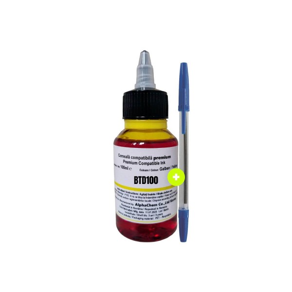 Set Flacon Cerneala Compatibil Brother BTD100 Yellow 100ml cu Picurator si Pix de Unica Folosinta