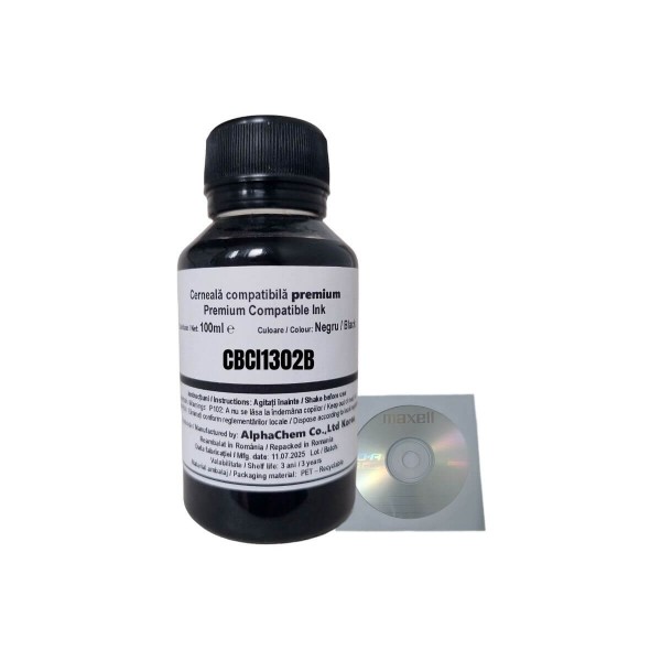 Flacon Cerneala AlphaChem Compatibil Canon 1x100ml BCI-1302BK Negru, 1buc Cdr Maxell cu plic