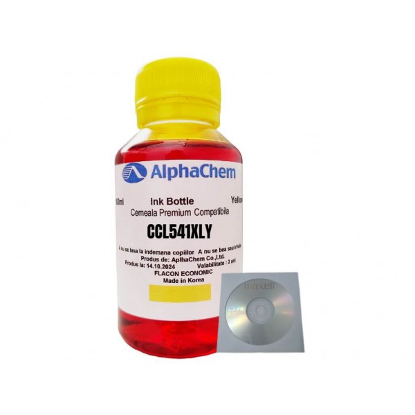 Flacon Cerneala AlphaChem Compatibil Canon 1x100ml CL-541XLY Galben, 1buc Cdr Maxell cu plic