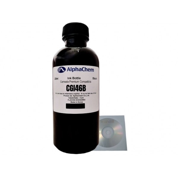 Flacon Cerneala AlphaChem Compatibil Canon 1x200ml GI-46BK Negru, 1buc Cdr Maxell cu plic