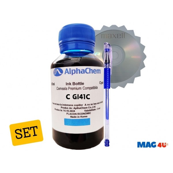Set Flacon Cerneala Compatibila Canon GI41 ( 1x100ml Cyan) + 1buc Cdr Maxell cu plic si Pix CNX201