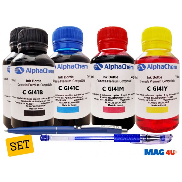 Set Flacoane Cerneala Compatibila Canon GI41 ( 2x100ml Black, 1x100ml Cyan, 1x100ml Magenta, 1x100ml Yellow) + Pix Schneider si Pix CNX201