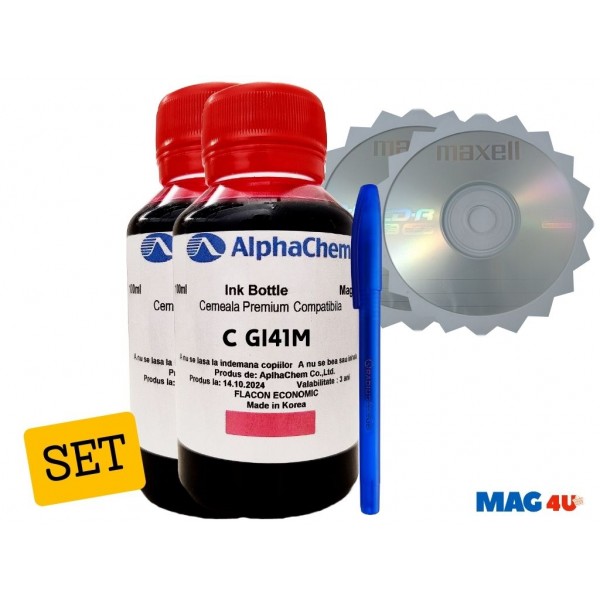 Set Flacone Cerneala Compatibil Canon GI41 ( 2x100ml Magenta) + Pix cu gel si 2buc Cdr Maxell cu plic