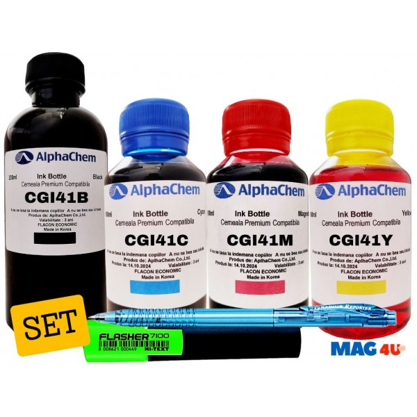 Set Flacon Cerneala Compatibila Canon GI41 (1x200ml Black, 1x100ml Cyan, 1x100ml Magenta, 1x100ml Yellow) + Pix cu mecanism si Textmarker Flasher