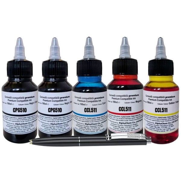 Set Flacon Cerneala Compatibil AlphaChem Canon PG-510, 2x100 Negru 1x100 CL-511C Cyan 1x100 CL-511M Magenta 1x100 CL-511Y Galben. 2xPix Schneider