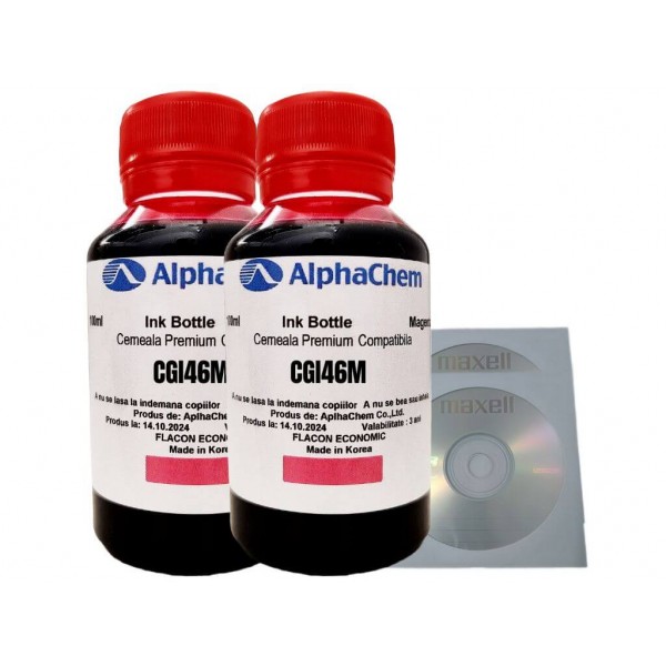 Set Flacon Cerneala AlphaChem Compatibil Canon 2x100ml GI-46M Magenta, 2buc Cdr Maxell cu plic