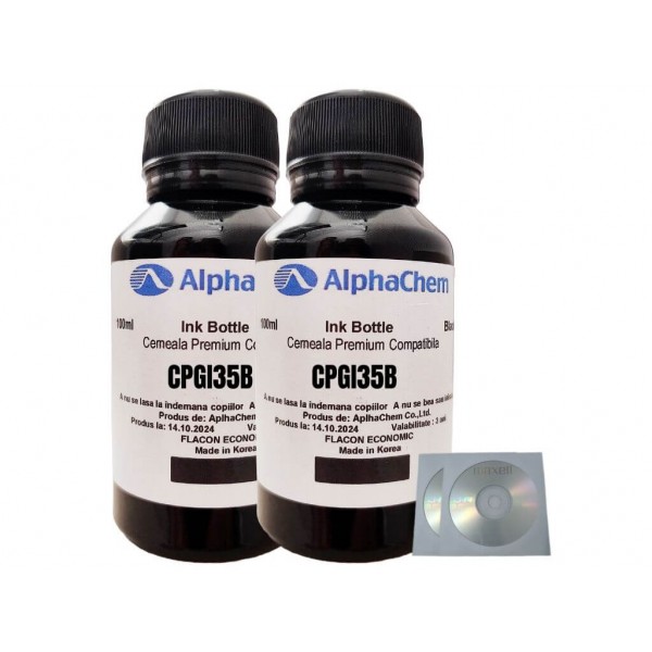 Set Flacon Cerneala AlphaChem Compatibil Canon 2x100ml PGI-35BK Negru, 2buc Cdr Maxell cu plic