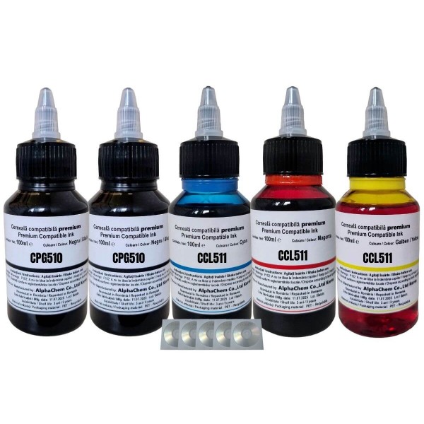 Set Flacon Cerneala AlphaChem Compatibil Canon 2x100ml PG-510 Negru, 1x100ml CL-511C Cyan, 1x100ml CL-511M Magenta, 1x100ml CL-511Y Galben, 5buc Cdr Maxell cu plic