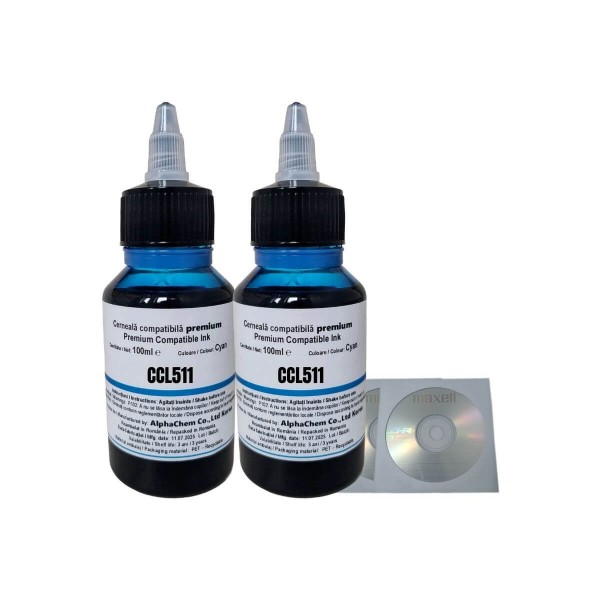 Set Flacon Cerneala AlphaChem Compatibil Canon 2x100ml CL-511C Cyan, 2buc Cdr Maxell cu plic