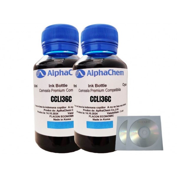 Set Flacon Cerneala AlphaChem Compatibil Canon 2x100ml CLI-36C Cyan, 2buc Cdr Maxell cu plic