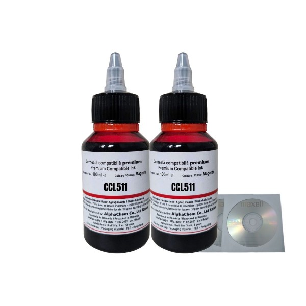 Set Flacon Cerneala AlphaChem Compatibil Canon 2x100ml CL-511M Magenta, 2buc Cdr Maxell cu plic