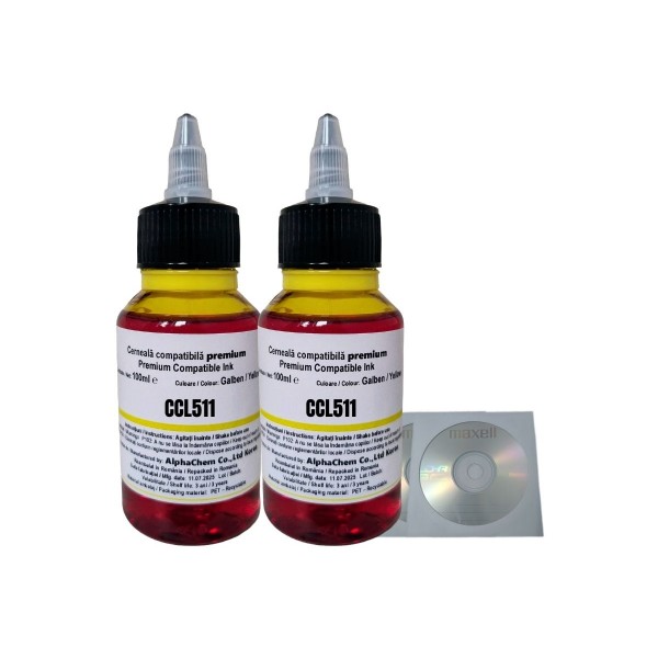 Set Flacon Cerneala AlphaChem Compatibil Canon 2x100ml CL-511Y Galben, 2buc Cdr Maxell cu plic
