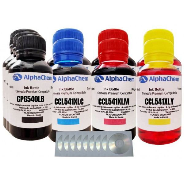 Set Flacon Cerneala AlphaChem Compatibil Canon 3x100ml PG-540L Negru, 2x100ml CL-541XLC Cyan, 2x100ml CL-541XLM Magenta, 2x100ml CL-541XLY Galben, 9buc Cdr Maxell cu plic