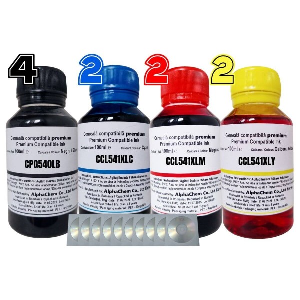 Set Flacon Cerneala AlphaChem Compatibil Canon 4x100ml PG-540L Negru, 2x100ml CL-541XLC Cyan, 2x100ml CL-541XLM Magenta, 2x100ml CL-541XLY Galben, 10buc Crd Maxell cu plic
