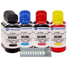 Set Flacon Cerneala AlphaChem Compatibil Canon 4x100ml PGI-35BK Negru, 2x100ml CLI-36C Cyan, 2x100ml CLI-36M Magenta, 2x100ml CLI-36Y Galben, 10buc Crd Maxell cu plic