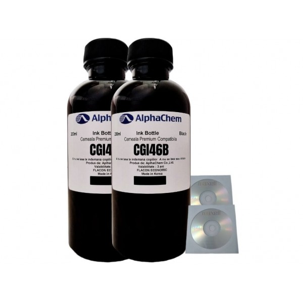 Set Flacon Cerneala AlphaChem Compatibil Canon 2x200ml GI-46BK Negru, 2buc Cdr Maxell cu plic