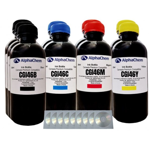 Set Flacon Cerneala AlphaChem Compatibil Canon 3x200 GI-46BK Negru 2x200 GI-46C Cyan 2x200 GI-46M Magenta 2x200 GI-46Y Galben, 9buc Cdr Maxell cu plic