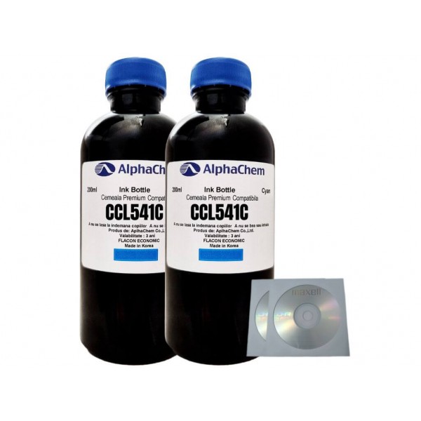 Set Flacon Cerneala AlphaChem Compatibil Canon 2x200ml CL-541C Cyan, 2buc Cdr Maxell cu plic