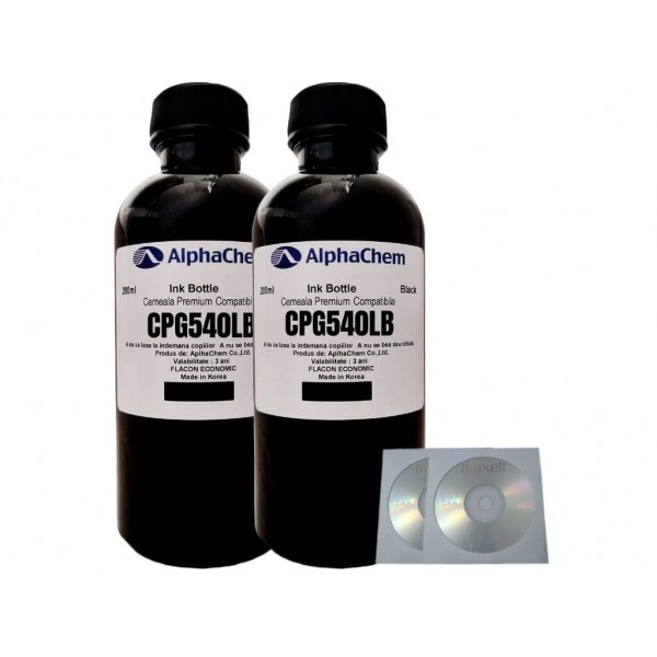 Set Flacon Cerneala AlphaChem Compatibil Canon 2x200ml PG-540L Negru, 2buc Cdr Maxell cu plic
