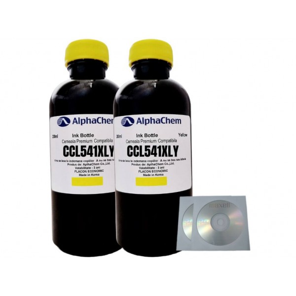 Set Flacon Cerneala AlphaChem Compatibil Canon 2x200ml CL-541XLY Galben, 2buc Cdr Maxell cu plic