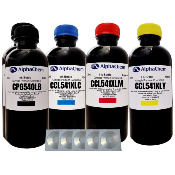 Set Flacon Cerneala AlphaChem Compatibil Canon 2x200ml PG-540L Negru, 1x200ml CL-541XLC Cyan, 1x200ml CL-541XLM Magenta, 1x200ml CL-541XLY Galben, 5buc Cdr Maxell cu plic