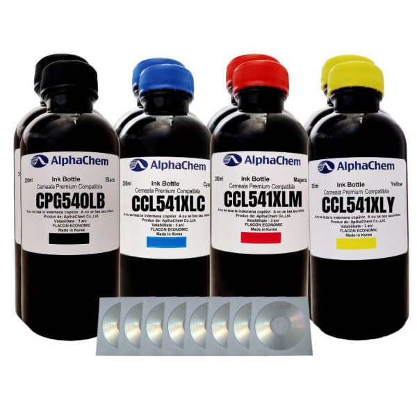 Set Flacon Cerneala AlphaChem Compatibil Canon 2x200ml PG-540L Negru, 2x200ml CL-541XLC Cyan, 2x200ml CL-541XLM Magenta, 2x200ml CL-541XLY Galben, 8buc Cdr Maxell cu plic