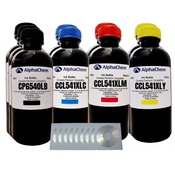 Set Flacon Cerneala AlphaChem Compatibil Canon 3x200ml PG-540L Negru, 2x200ml CL-541XLC Cyan, 2x200ml CL-541XLM Magenta, 2x200ml CL-541XLY Galben, 9buc Cdr Maxell cu plic