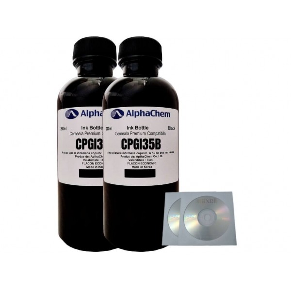 Set Flacon Cerneala AlphaChem Compatibil Canon 2x200ml PGI-35BK Negru, 2buc Cdr Maxell cu plic