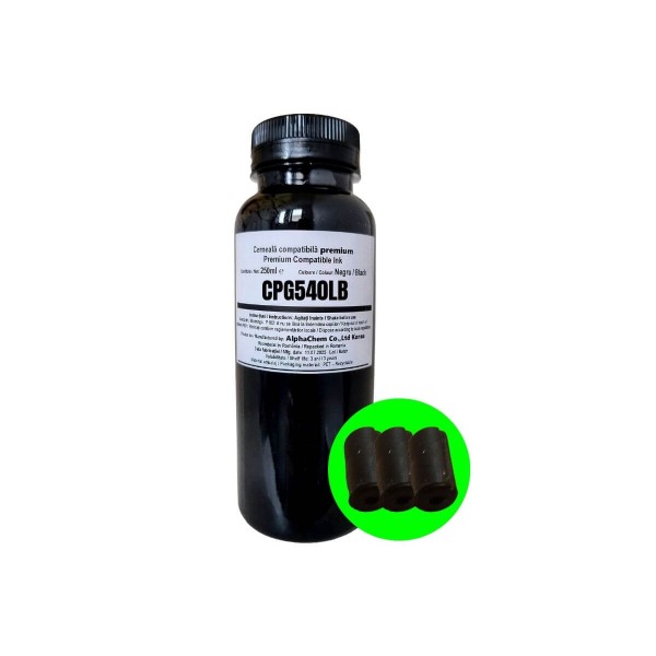 Set Flacon Cerneala AlphaChem Compatibil Canon 1x250ml PG-540L Negru, 3xDop pentru astuparea orificiul de reumplere