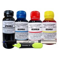 Set Flacon Cerneala AlphaChem Compatibil Canon 1x250ml PG-540L Negru, 1x100ml CL-541XLC Cyan, 1x100ml CL-541XLM Magenta, 1x100ml CL-541XLY Galben, Roller DeLuxe si Textmarker Schneider