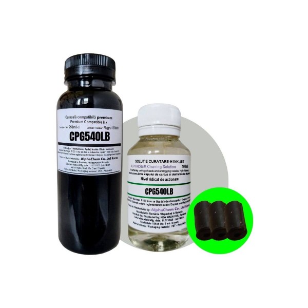 Set AlphaChem Compatibil Canon PG-540L, 1x250ml Flacon Cerneala Negru, 1x100ml Solutie Curatare si 3xDop pentru astuparea orificiul de reumplere