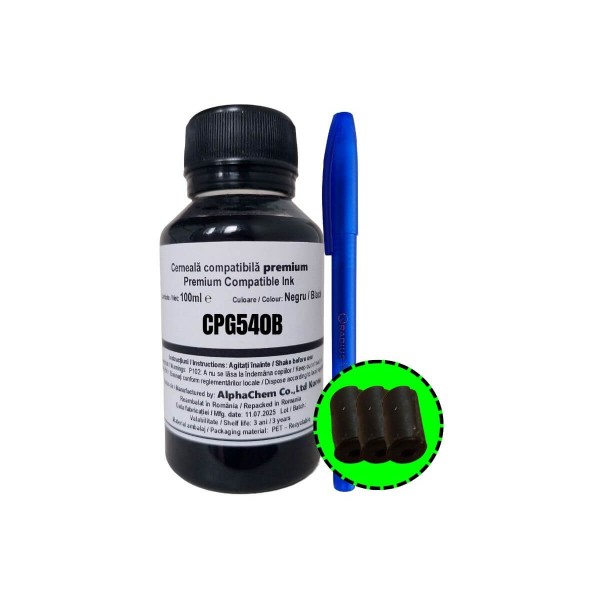 Set Flacon Cerneala AlphaChem Compatibil Canon 1x100ml PG-540L Negru, Pix Radius si 3xDop