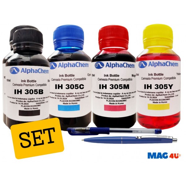 Set Flacon Cerneala AlphaChem HP (305) 2x100ml 3YM61AE Negru 1x100ml 3YM60AE Cyan 1x100ml 3YM60AE Magenta 1x100ml 3YM60AE Galben, Pix Schneider si Pix CNX201