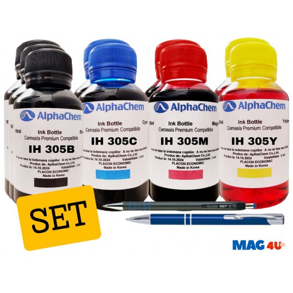 Set Flacon Cerneala AlphaChem HP (305) 3x100ml 3YM61AE Negru 2x100ml 3YM60AE Cyan 2x100ml 3YM60AE Magenta 2x100ml 3YM60AE Galben, Pix CNX226 si Pix CNX567