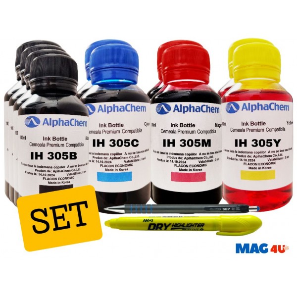 Set Flacon Cerneala AlphaChem HP (305) 4x100ml 3YM61AE Negru 2x100ml 3YM60AE Cyan 2x100ml 3YM60AE Magenta 2x100ml 3YM60AE Galben, Textmarker solid si Pix CNX567