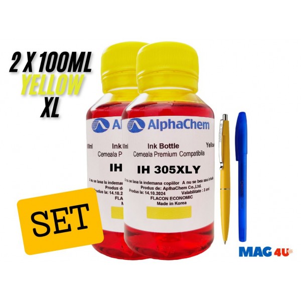 Set Flacon Cerneala AlphaChem Compatibil HP (305XL) 2x100ml 3YM63AE Galben, Pix Shneider si Pix Radius