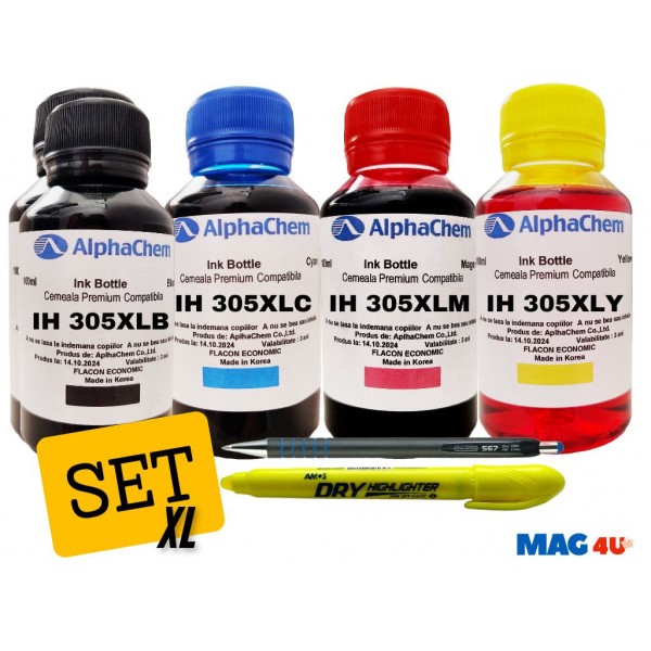 Set Flacon Cerneala AlphaChem HP (305XL) 2x100ml 3YM62AE Negru 1x100ml 3YM63AE Cyan 1x100ml 3YM63AE Magenta 1x100ml 3YM63AE Galben, Textmarker Solid si Pix CNX567