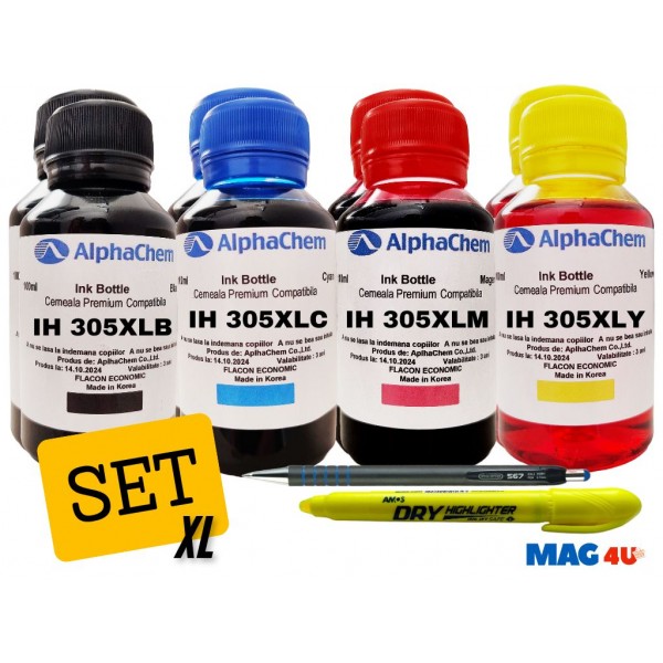 Set Flacon Cerneala AlphaChem HP (305XL) 2x100ml 3YM62AE Negru 2x100ml 3YM63AE Cyan 2x100ml 3YM63AE Magenta 2x100ml 3YM63AE Galben, Textmarker Solid si Pix CNX567
