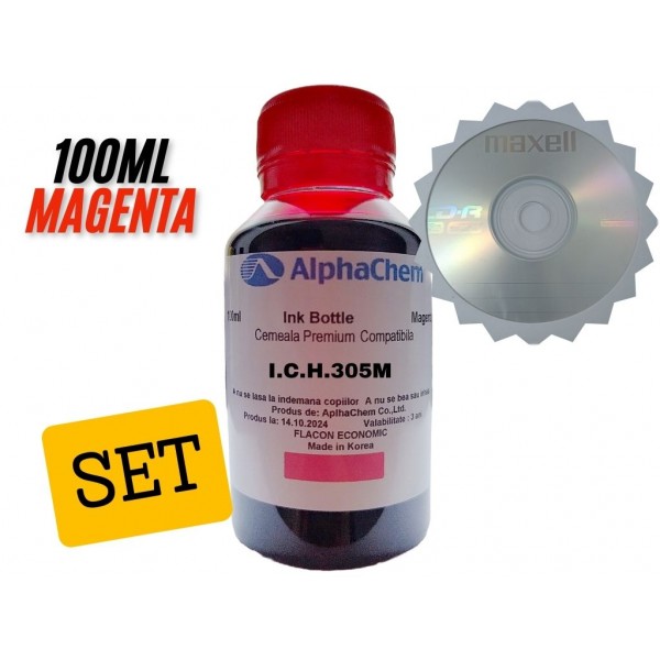 Set Flacon Cerneala AlphaChem Compatibil HP305 1x100ml 3YM60AE Magenta cu CDR Maxell