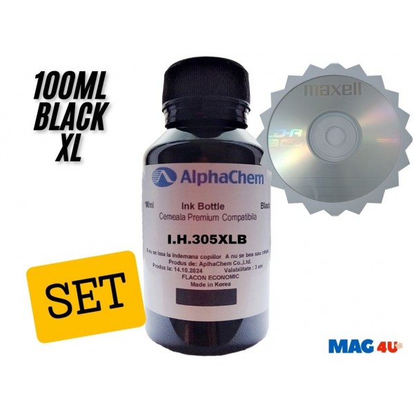 Flacon Cerneala AlphaChem Compatibil HP305XL, 1x100ml 3YM62AE Negru, 1buc Cdr Maxell cu plic
