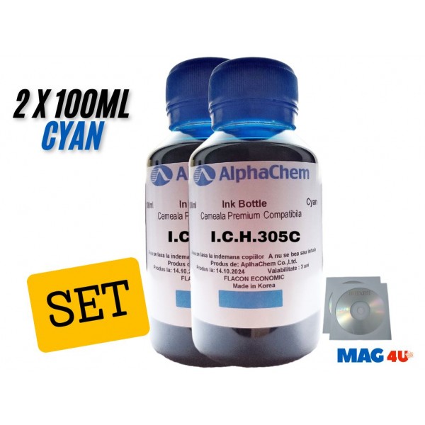 Set Flacon Cerneala AlphaChem Compatibil HP305, 2x100ml 3YM60AE Cyan, 2buc Cdr Maxell cu plic