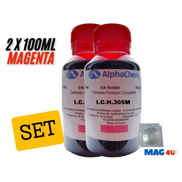 Set Flacon Cerneala AlphaChem Compatibil HP305, 2x100ml 3YM60AE Magenta, 2buc Cdr Maxell cu plic