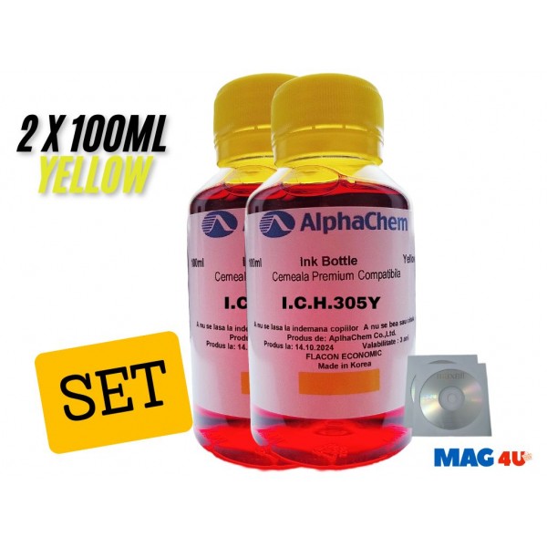 Set Flacon Cerneala AlphaChem Compatibil HP305 2x100ml 3YM60AE Galben cu 2x CDR Maxell