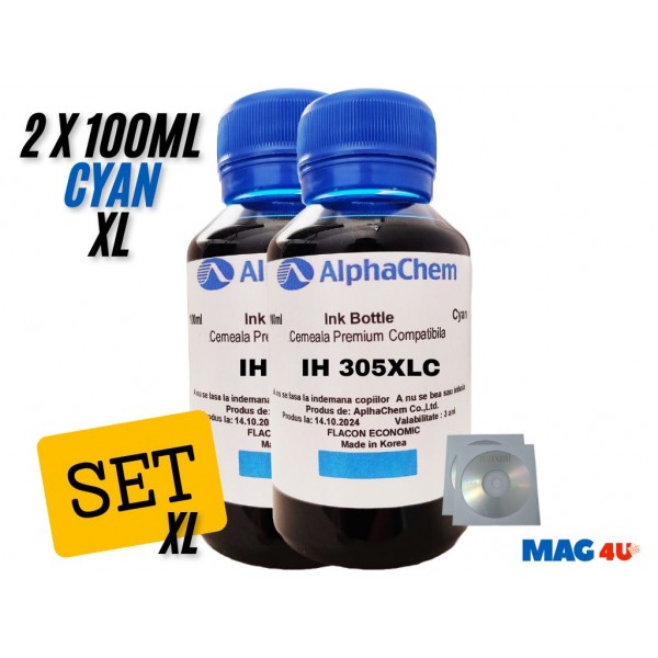 Set Flacon Cerneala AlphaChem Compatibil HP305XL 2x100ml 3YM63AE Cyan cu 2x CDR Maxell