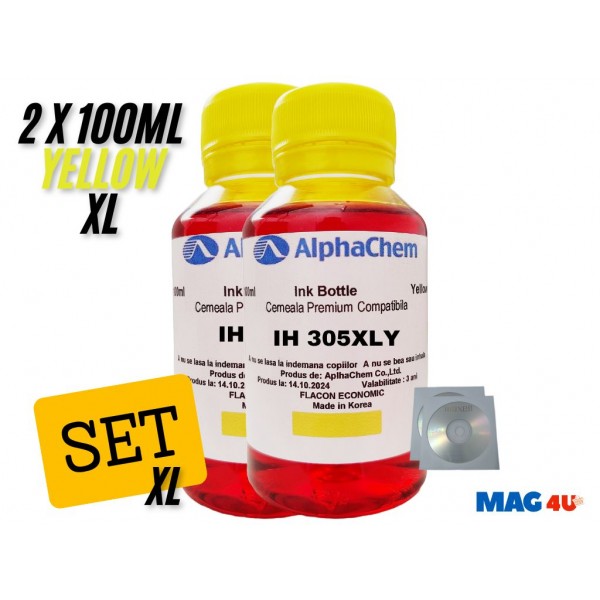 Set Flacon Cerneala AlphaChem Compatibil HP305XL 2x100ml 3YM63AE Galben cu 2x CDR Maxell