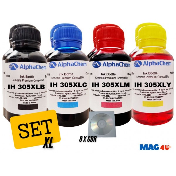 Set Flacon Cerneala AlphaChem Compatibil HP305XL 2x100ml 3YM62AE Negru + 2x100ml 3YM63AE Cyan + 2x100ml 3YM63AE Magenta + 2x100ml 3YM63AE Galben cu 8x CDR Maxell