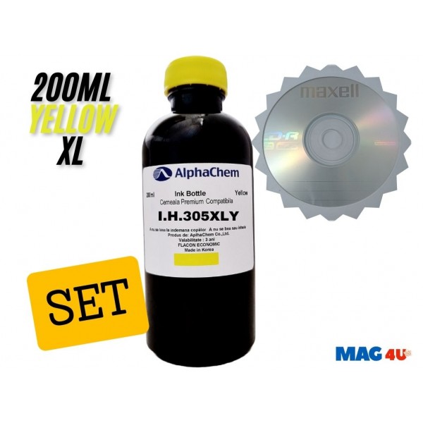 Set Flacon Cerneala AlphaChem Compatibil HP305XL 1x200ml 3YM63AE Galben cu CDR Maxell