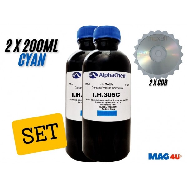 Set Flacon Cerneala AlphaChem Compatibil HP305 2x200ml 3YM60AE Cyan cu 2x CDR Maxell